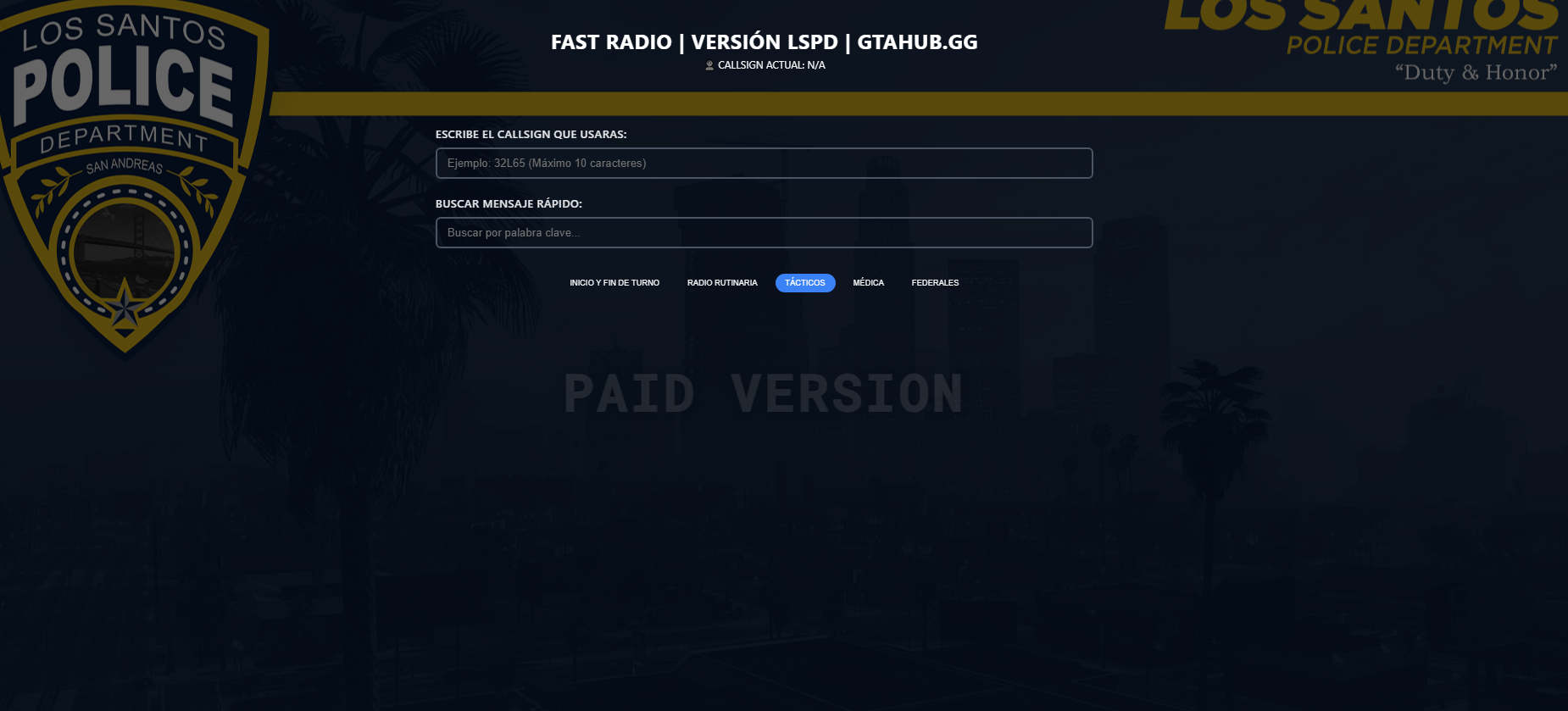 Interfaz de FAST RADIO mostrando mensajes predefinidos y categorías
